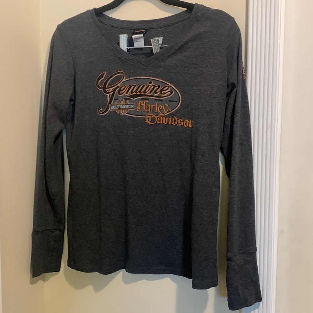 Harley-Davidson Women's Long Sleeve V-Neck Tee - Charcoal with Orange Logo
